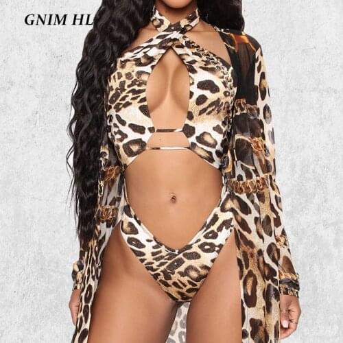 GNIM Long Sleeve Leopard Swimsuit Women Cross Neck Sexy Hollow Out Bikini Set 2020 High Waist Beachwear Swimwear Push Up New