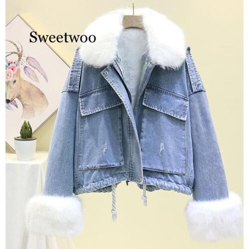Winter Warm Lamb Coat Big Pocket Denim Jacket For Women Vintage Long Sleeve Coat Thicken Large Faux fur Loose Parka