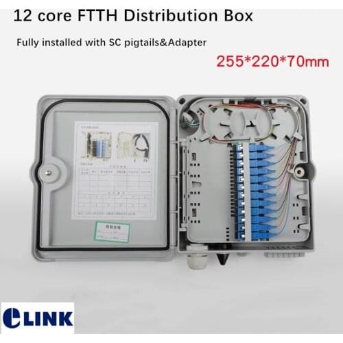 12 core FTTH distribution box fully installed with SC fiber optic adapter&pigtails 255*220*70mm junction box IP55 indoor outdoor