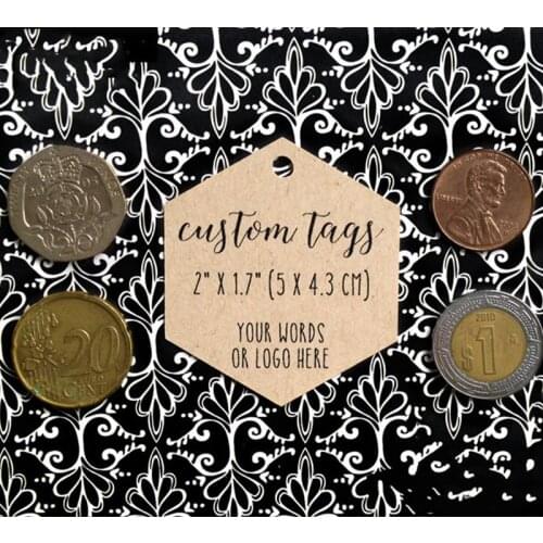 50 custom hexagon tags with your words or logo 2" x 1.7", Design gift tag,Custom hang tag,bottle tag,treat bag,personalized tag