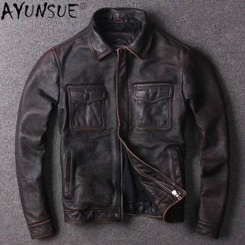 AYUNSUE Vintage Cowhide Leather Coat Genuine Leather Jacket Men Plus Size Spring Autumn Mens Jackets High Quality Clothes 2021