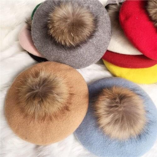 100% Real Wool Beret Women Vintage Artist berets Hat Girls Children Kids Real Fur Pom pom Berets with Pom Pom hat