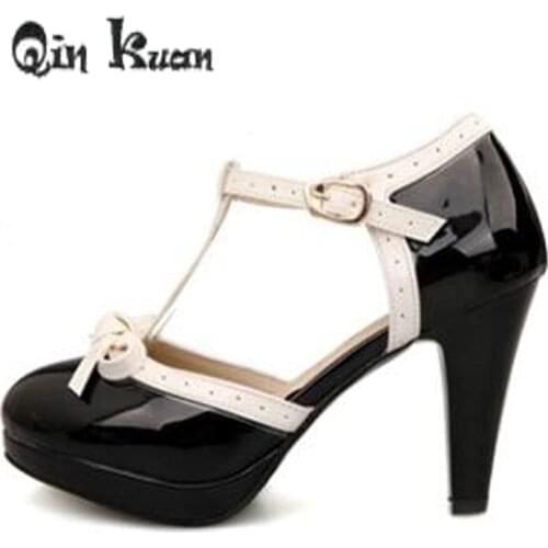 Brand Women Bowtie Shoes Patent Leather Ankle Strap Princess Platform Pumps Ladies High Heel Lolita Shoes Size 33-48