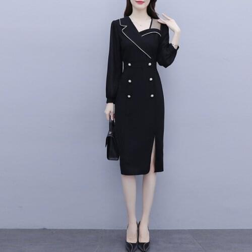 Large Size Black Dress Hepburn Style Female Autumn Long-Sleeved Fashion Slim Gauze Lightly Cooked Style Pencil Dress Women E335
