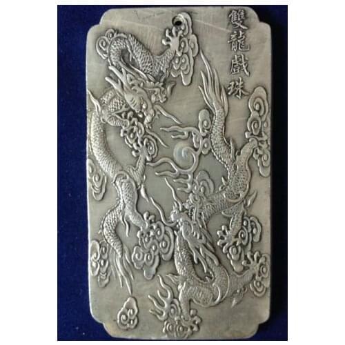Exquisite Old Chinese Tibetan Silver Double Dragons Thangka Amulet Plate 136g