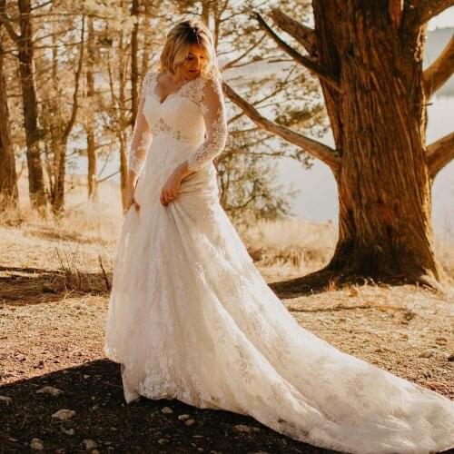 Classic V-Neck Long Sleeve Appliques Wedding Dresses Custom made Beaded Belt Bridal dresses Long Gown Plus Size
