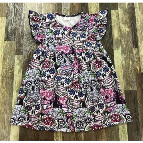 Newest 2021 Popular Kids clothing Little Baby Girl Halloween Scary Skull Cross Summer Dress with Full Print Collar