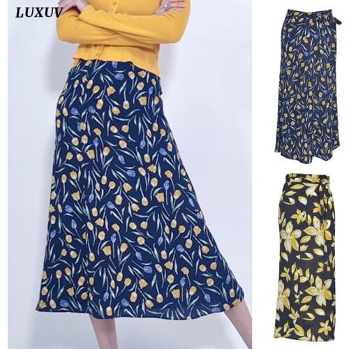 LUXUV Womens Long Skirt Beach Harajuku Gypsy Pleated Skirts Maxi Waist Belt Dress Chiffon Lady Floral Print Boho Imitate Gauzy