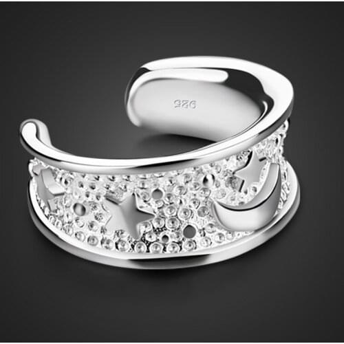 Fashion Stars Moon Pattern Ring Woman Personality 100% 925 Sterling Silver Wide Ring Open Design Charm Jewelry Gift