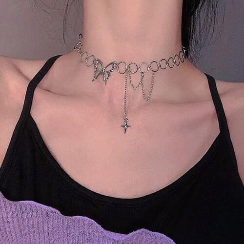 Trendy Tassel Chain Butterfly Choker Necklaces For Women Teens Girls Hip Hop Punk Link Chain Necklace Party Fashion Jewelry