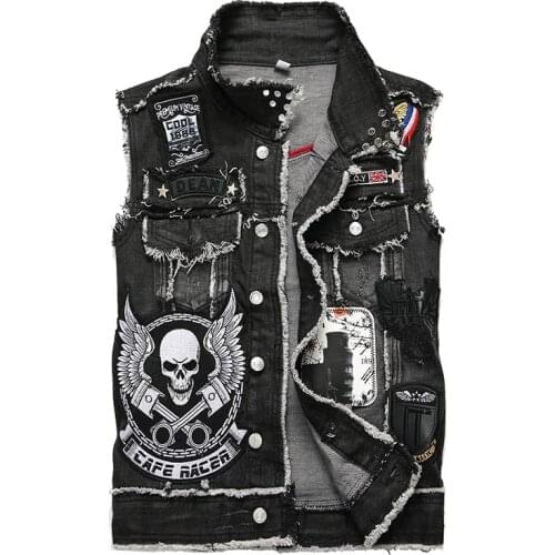 Mens Punk Denim Vests Vintage Black Embroidered Big Skull Rivet Vests Stylish Slim Cowboy Clothes Fashion Sleeveless Waistcoat