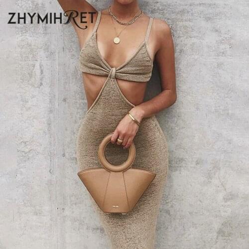 ZHYMIHRET V Neck Hollow Out Spaghetti Strap A Line Dress Knitted Cotton Backless Sexy Dress Summer Holiday Beach Wear