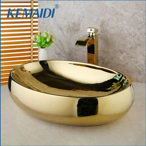 KEMAIDI Luxury Ceramic Lavatory Bathroom Tap Washbasin Sink Bath Combine Mixer Free Drain Solid Brass Basin Faucets Sets Golden