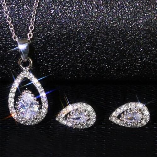Luxury Female White Crystal Jewelry Set Charm Silver Color Stud Earrings For Women Trendy Hollow Geometry Wedding Chain Necklace