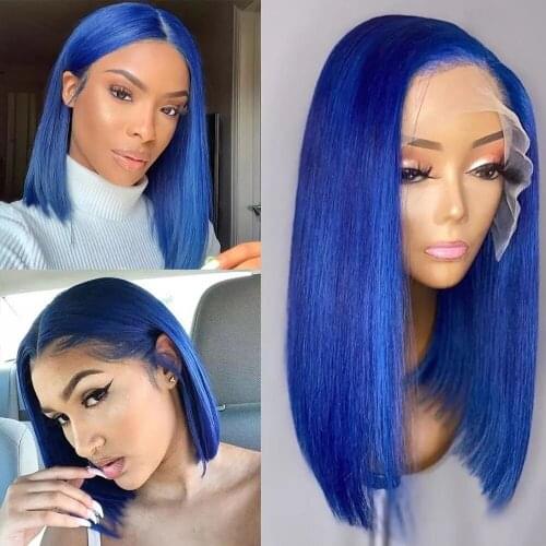 Blue BOB T Part Lace Wigs Pre Plucked Human Hair Wigs 180% Remy Human Hair Black Straight Short BOB Lace Front Wig Dark Blue BOB
