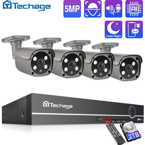 Techage H.265 8CH 5MP POE NVR Kit CCTV System Two Way Audio AI IP Camera IR Outdoor Waterproof Video Security Surveillance Set