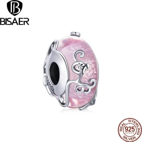 BISAER Glazed Bead 925 Sterling Silver Vine Patterns Pink Charms fit for Women Silver DIY Bracelets Accessories Jewelry EFC409