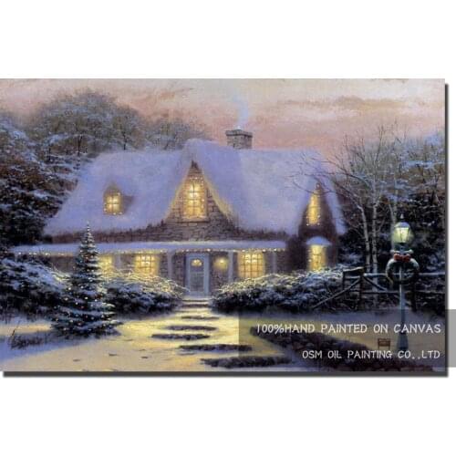 Top Artist Hand-painted High Quality Modern Christmas Landscape Oil Painting on Canvas Winter House Oil Painting for Living Room