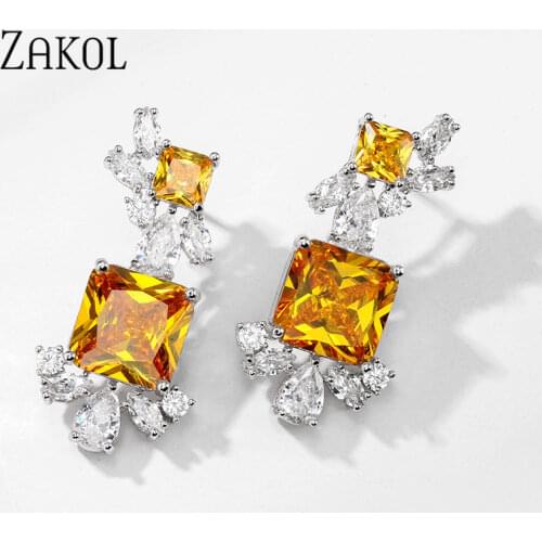 ZAKOL Trendy Geometric Big Suqare Yellow Cubic Zircon Crystal Dangle Earrings for Women Bridal Jewelry Aretes De Mujer Modernos