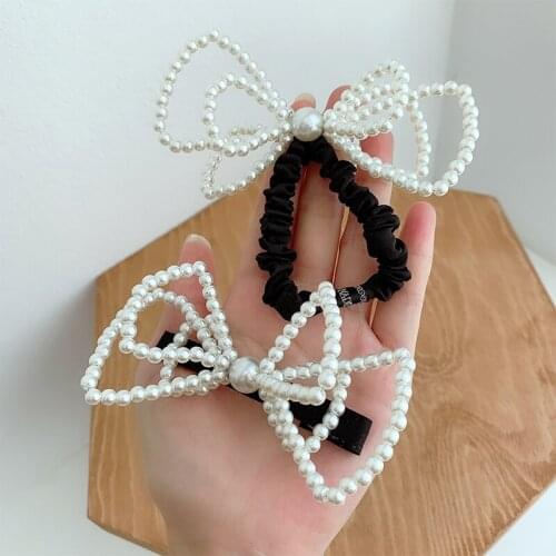 Alloy Hollow Bowknot White Simulated Pearls Barrettes Hair Clips & Pins Headwear Elastic Hair Bands Ponytail Holders for Women