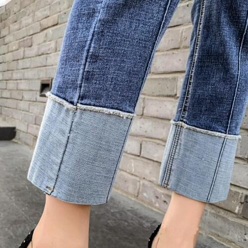 Lente Nieuwe Patchwork Straight Vrouw Jeans Hoge Taille Manchetten Denim Vrouwelijke Enkellange Steek Broek Mujer Plus Size Stre