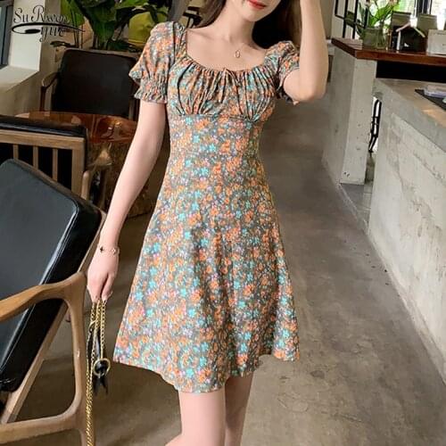 2021 Summer Floral Women Dress Casual Vintage Slash Neck Mini Dress Printing A Line Sexy Party Dresses Vestidos 14106