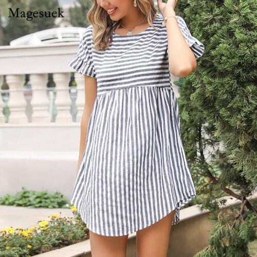 2021 Summer Loose Stripe O-neck Short Sleeve Dress for Women New European American Women Dress Office Lady Midi Dress Robe 14634