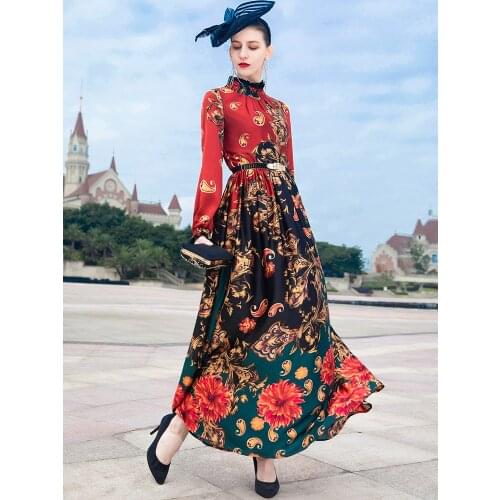 High Quality Vintage Spring Autumn Long Dress for Women Evening Ball Gown Party Clothing Printed Dress Runway DZ2610