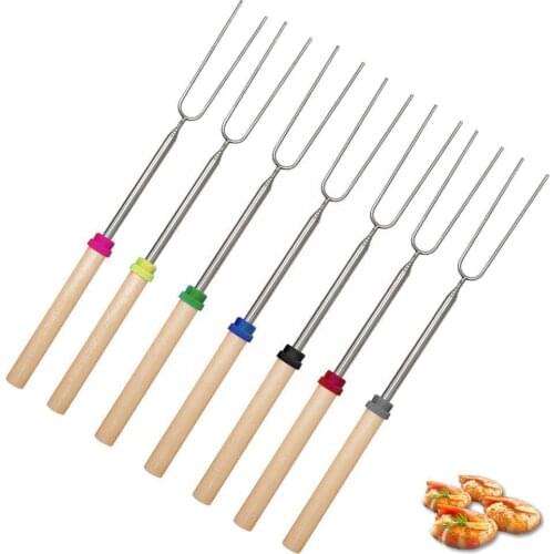 1pcs Bbq Forks Camping With Bags Steel Wooden Handle Fork Barbecue Telescoping Skewers Roasting Sticks O6m5