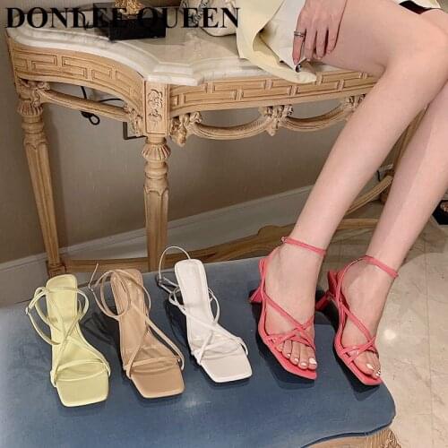 2021 Fashion Women Sandals Narrow Band Vintage Square Toe High Heels Buckle Strap Gladiator Sandals Luxury Brand Shoes For Party