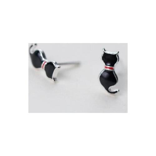 5MM*10MM Animal 100% Real. 925 Sterling Silver Jewelry Black Enamel Kitten Cat STUD earrings C-E5842