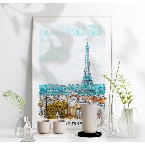 Watercolor City France Paris Poster, Beautiful Paris Scenery Art Print, World Nordic Travel Wall Stickers Home Kids Room Decor