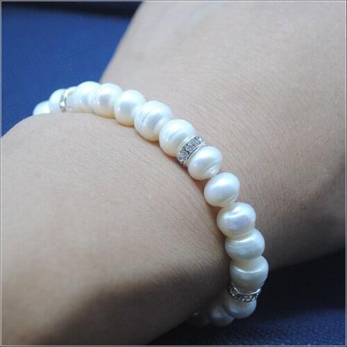 White Pearl Bracelets with rhinestone ball for wedding or party share jewelry size 8.-9mm of pearl cultured freshwater pearl