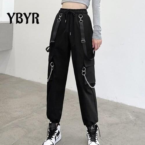 Womens Cargo Pants Buckle Ribbon Pocket Jogger Elastic Waist High Hip Hop Streetwear Harajuku Pant Chain Females Trousers