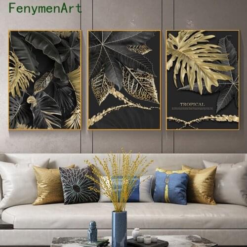 Canvas Painting Black Gold Leaves Letters Posters Abstract Plant Prints Nordic Wall Art Modern Pictures Room Home Wall decor