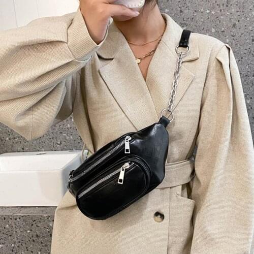 Newly Womens PU Fanny Pack Chain Sling Strap Waist Bag Zipper Waterproof Crossbody Chest Backpack for Daily Adjustable Strap