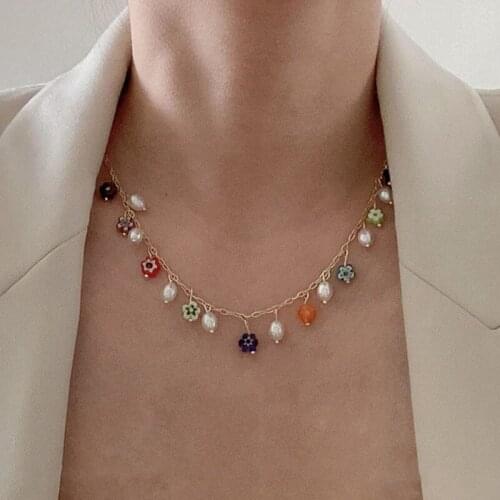 Handmade Lovely Colorful Flower Pearl Drop Choker Necklace for Women Girl Cute Pearls Tassel Chocker Necklaces colares