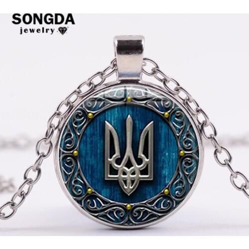SONGDA Tryzub Ukraine Necklace Vintage Symbol Pattern Glass Cabochon Metal Pendant Necklace Women Men Ukraine Jewelry Wholesale