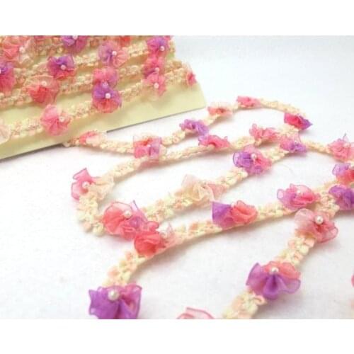 2 Yards Woven Rococo Ribbon Trim with Pink Flower Buds|Decorative Floral Ribbon|Scrapbook Materials|Clothing|Decor