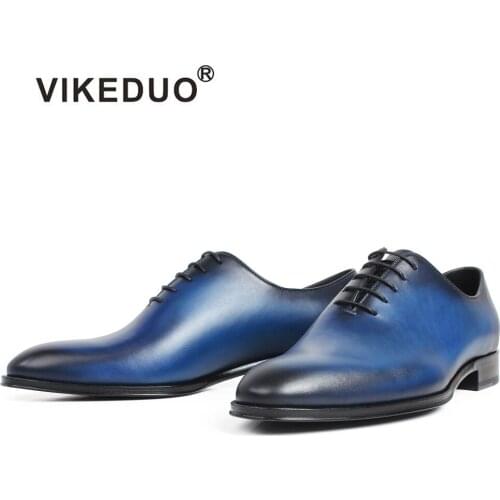 VIKEDUO Plain Blue Handmade Oxford Dress Shoes Male Genuine Cow Leather Patina Mans Footwear Wedding Office Formal Zapato Hombre