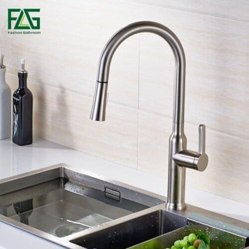 FLG Pull Out Kitchen Faucet Polished Nickel Finish All Around Rotate Swivel 2-Function Water Outlet Deck Mounted Sink Taps C046N