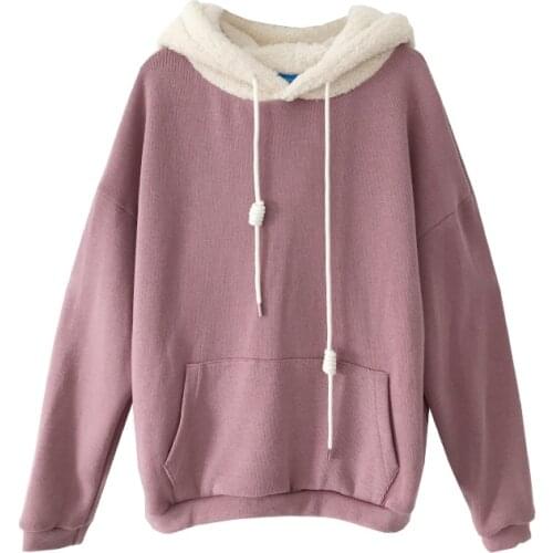 High quality and winter lamb hair hat splicing with velvet to keep warm and long sleeves female students hoodies women clothes