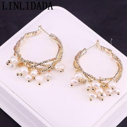 4Pair Gold Electroplated Metal Natural Pearl Earrings Circle Shape Earrings Fashion Jewelry Earrings For Women