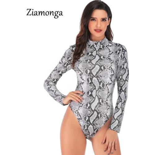 Ziamonga Sexy Snake Print Bodysuit Women Winter Autumn Turtleneck Long Sleeve Body Mujer 2019 New Clubwear Black Romper Bodycon