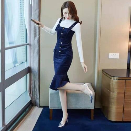 New Spring Autumn Women Fashion Two Piece Sets Casual Warm Solid Knitted Pullover + Knee-Length Mermaid Strap Dresses Suits H83