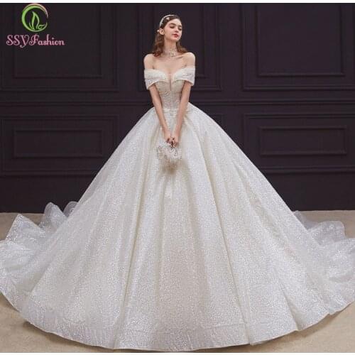 SSYFashion New Bride Wedding Dresses Luxury Boat Neck Lace Sequins Plus Size Wedding Gowns Custom Vestidos De Novia Custom