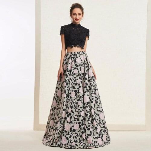 Tanpell print flowers prom dresses high neck short sleeves floor length women lace button formal custom a line prom gown