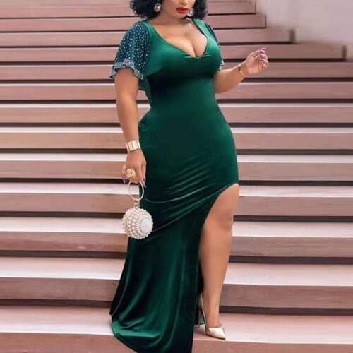 Elegant Evening Dress Luxury Solid v Neck Bodycon High Split Floor Length Fashion Party Night Club Long Vestidos Mujer Dress Hot