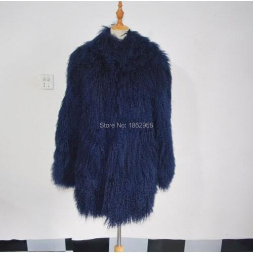 SJ001-01 Dark Blue Fashionable S-XXXXL Sheep Wool Coat Long Hair for Woman Overcoat Winter