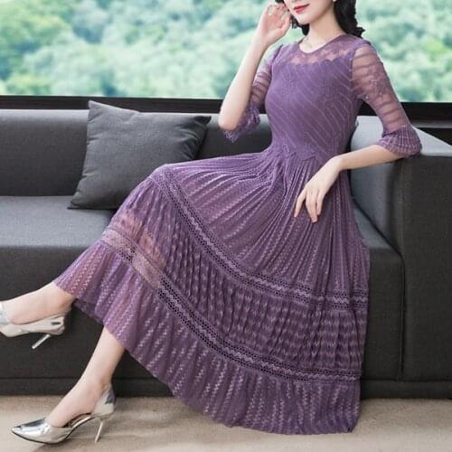 2021 summer Fashion women Lace Hollow Dresses Women Pleated Mesh Stitching Lace Dress Vestidos